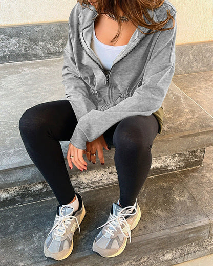 Long Sleeve Waist Drawstring Hooded Coat Casual Loose Fit Cardigan Jacket with Pockets