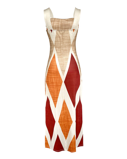 Geometric Print Square Neck Thick Strap Vacation Dress Casual Slim Fit Slit Maxi Dress
