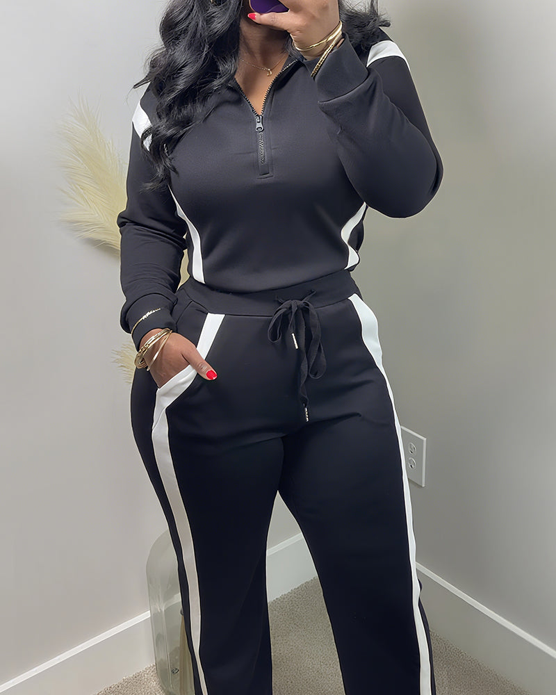 2 Pieces Outfit Half Zip Long Sleeve Top and Drawstring Elastic Waist Pants Set Casual Contrast Paneled Side Set