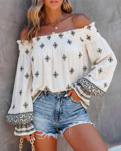 Vintage Tribal Placement Print Shirred Off Shoulder Flared Cuffs Blouse Casual Frill Trim Boho Top