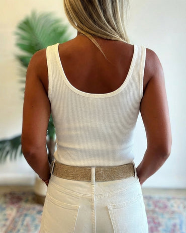 U-Neck Sleeveless Half Button Front Tank Slim Fit Backless Knit Waffle Tank Top