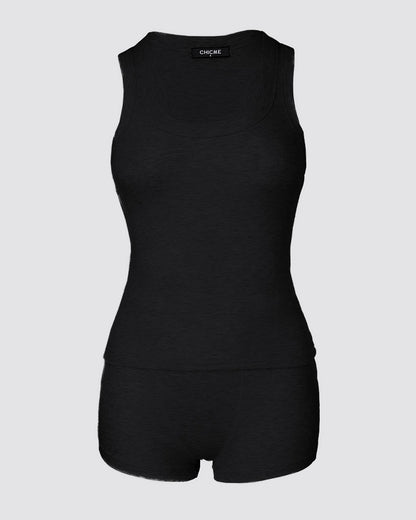 2PCS Micro-Ribbed U-Neck Tank Top & Boxer Set Cozy Loungewear