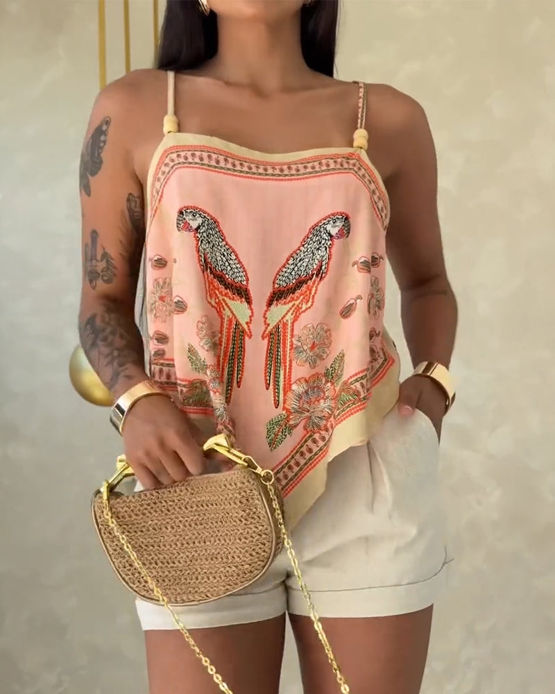 Tropical Animal & Plants Print Square Neck Adjustable Spaghetti Straps Top Sexy Backless Tie Back Asymmetrical Hem Cami Top