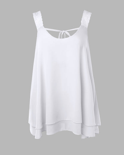 U-Neck Thick Strap Tank Contrast Lace Tied Detail Top