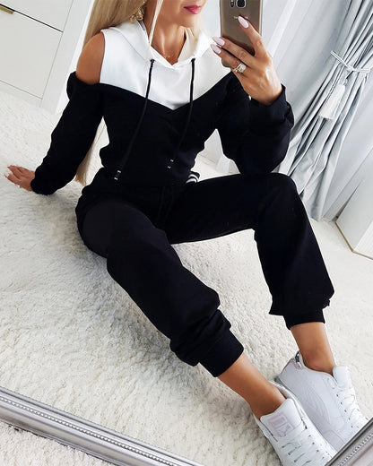 2 Pieces Outfit Colorblock Cold Shoulder Long Sleeve Drawstring Hoodie Top and Casual Contrast Striped Decor Elastic Waist Jogger Pants Set