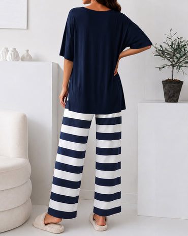 Women's Loungewear Set Anchor Print Side Slit Top and Striped Straight Leg Pants Set Casual Pajamas Set with Pockets