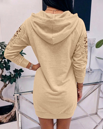 Women's Hooded Sweatshirt Dress V Neck Long Sleeve Guipure Lace Spliced Pullover Hoodie Dress with Pocket