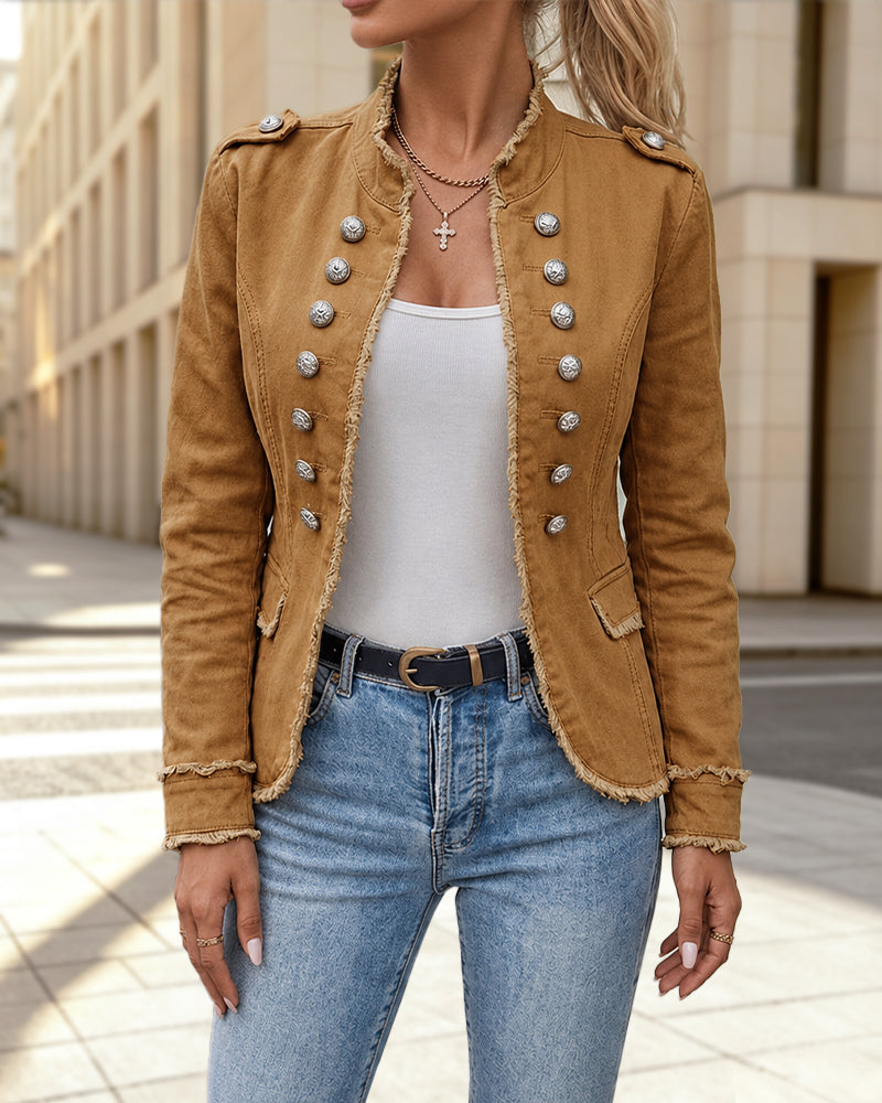 Women's Double Breasted Jacket Casual Stand Collar Raw Hem Crop Outerwear
