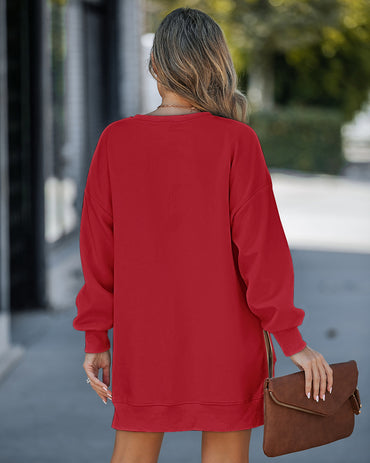 Christmas Santa Claus Pattern Sequin Patch Oversized Sweatshirt Zipper Side Slit Pullover Top