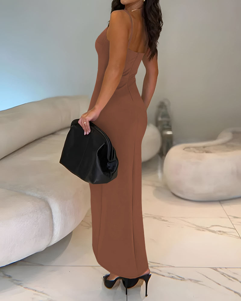 Sexy Square Neck Thick Strap Backless Slit Dress