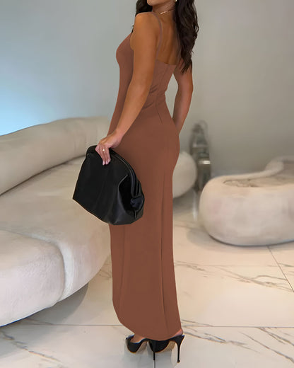 Sexy Square Neck Thick Strap Backless Slit Dress