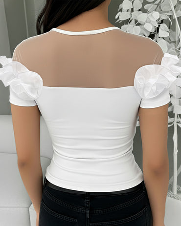 Short Sleeve Sheer Mesh Spliced Ruffles Design Tee Slim Fit Top