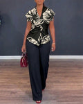 Women's 2 Piece Outfit Floral Print Twist Front V Neck Top and High Waist Wide Leg Pants Set