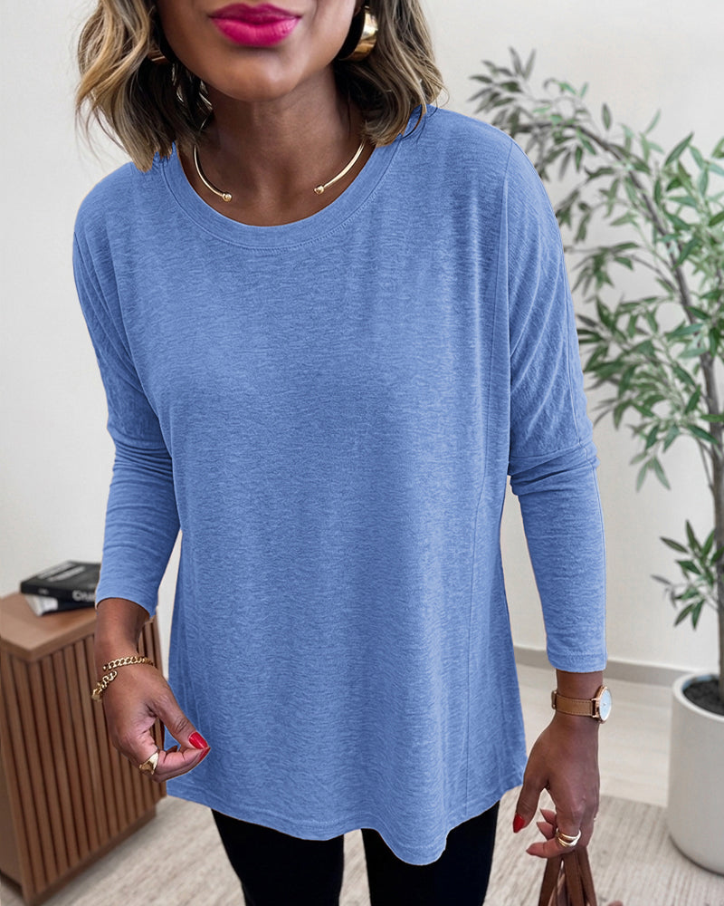 Haut à manches longues avec ourlet asymétrique pour femme, coupe ample, épaules tombantes, col rond, doux, ample, décontracté