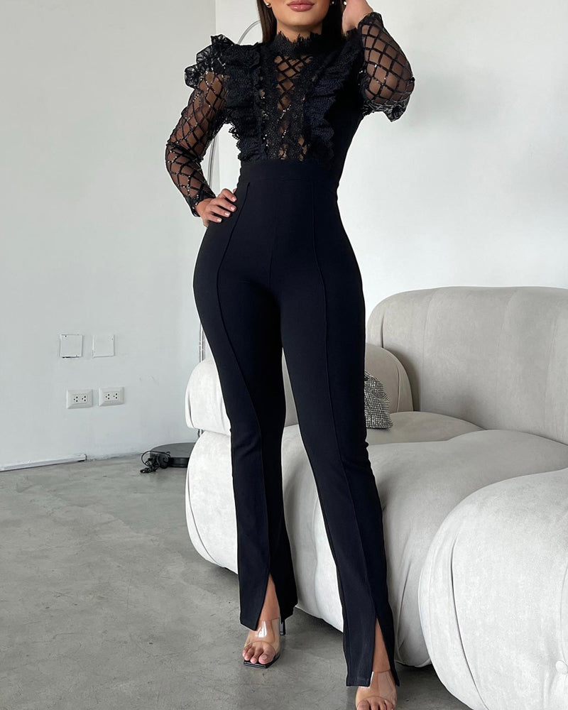 Elegant Mesh See Through Long Sleeve Jumpsuits Contrast Lace Sequin Patch Casual Overalls