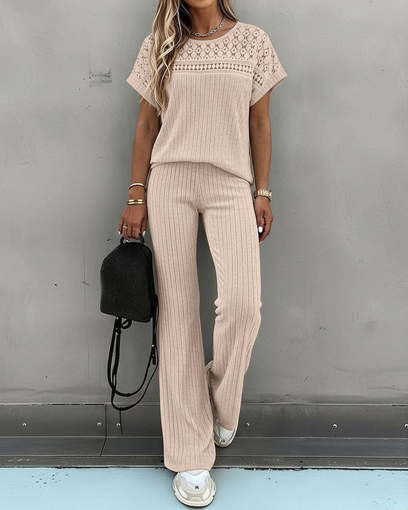 Women's 2 Piece Knit Set Lace Patchwork Short Sleeve Top and Wide Leg Pants Casual Ribbed Brushed Lounge Set