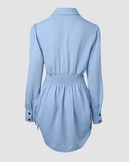 Turn-down Collar Roll Up Sleeve Button Down Shirt Dress Casual Shirred Back Side Drawstring Mini Dress