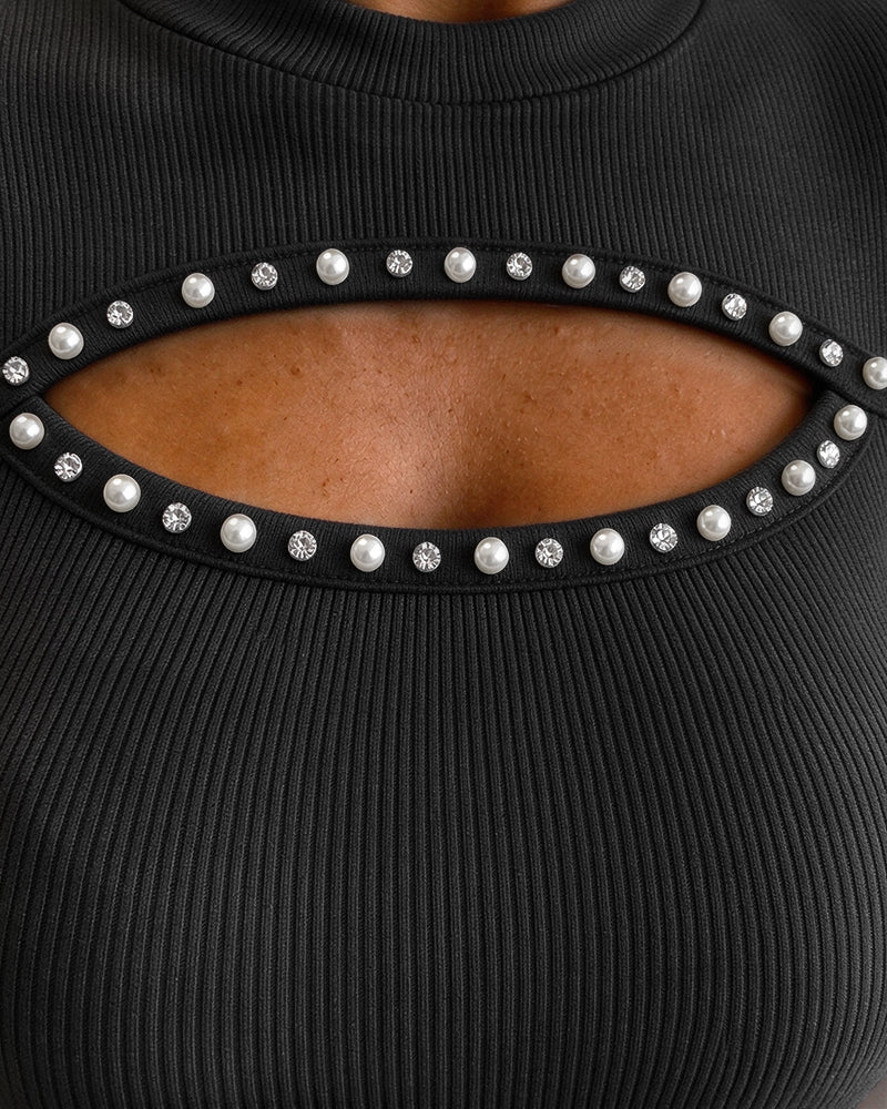 Women's Pearl Rhinestone Hollow-out Long Sleeve Ribbed Fitted Top