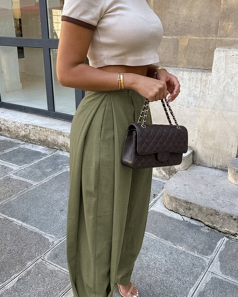 Pantalon sarouel femme taille haute à plis, poches et bas de jambes boutonnés