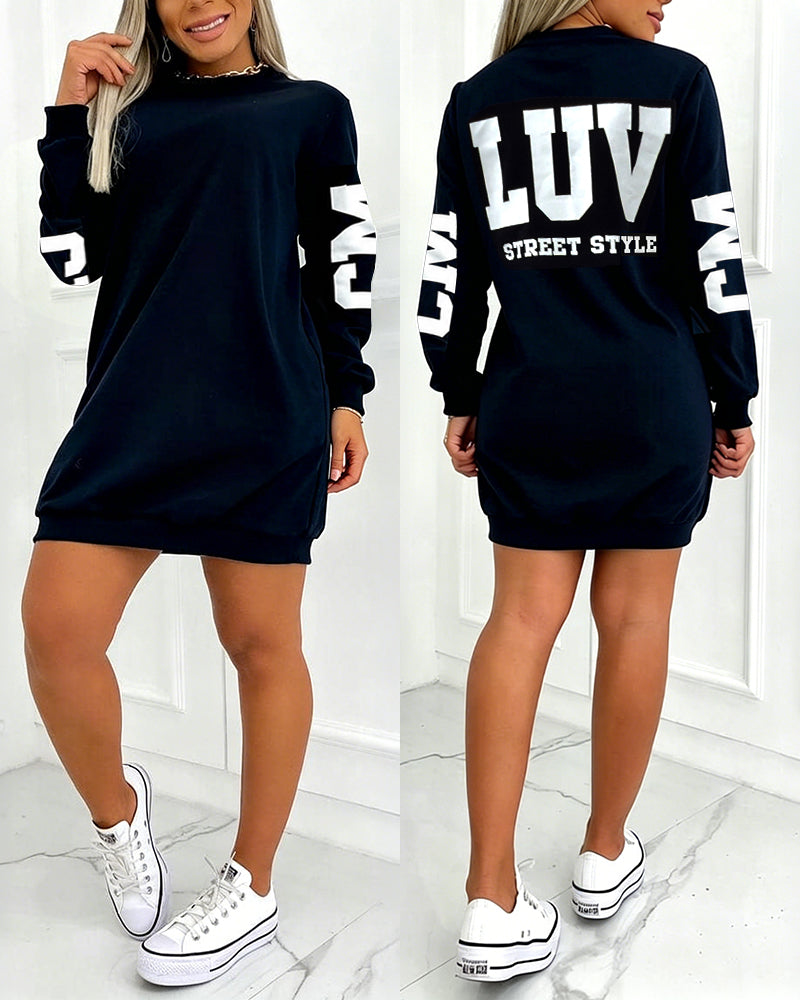 Women's Letter Print Dress Round Neck Sweatshirt Dress Casual Long Sleeve Mini Dress