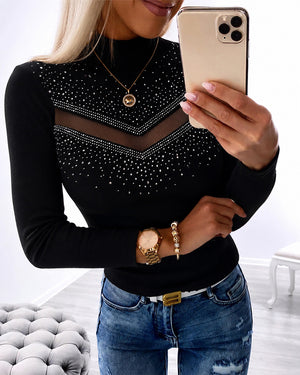 Top de punto para mujer con pedrería, malla transparente y paneles, cuello alto, manga larga, ceñido y brillante