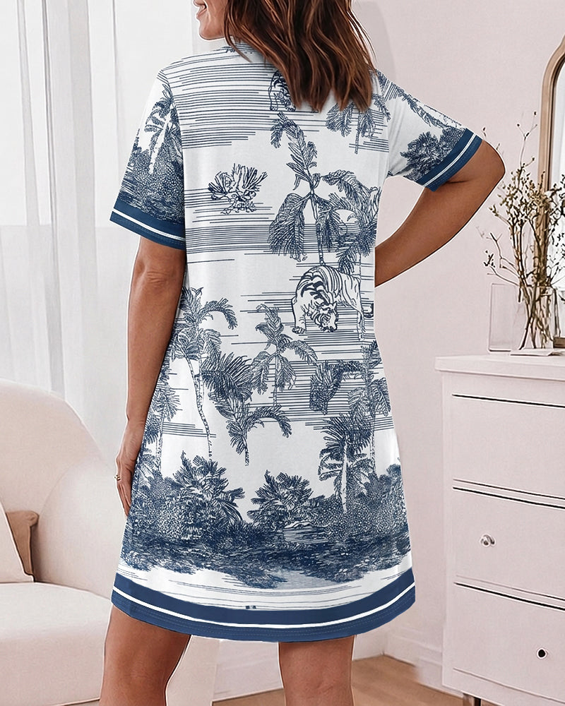 Women's Vintage Landscape Print Nightgown Casual Short Sleeve Loungewear Dress with Pockets