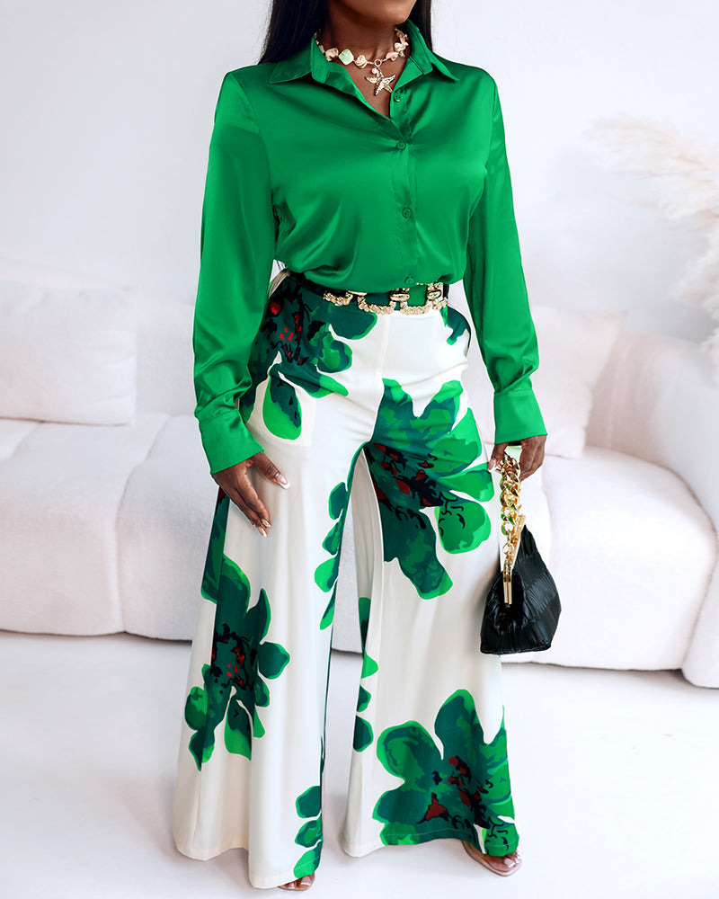 2 Pieces Outfit Long Sleeve Satin Blouse and Casual Floral Print High Waist Wide Leg Pants Set