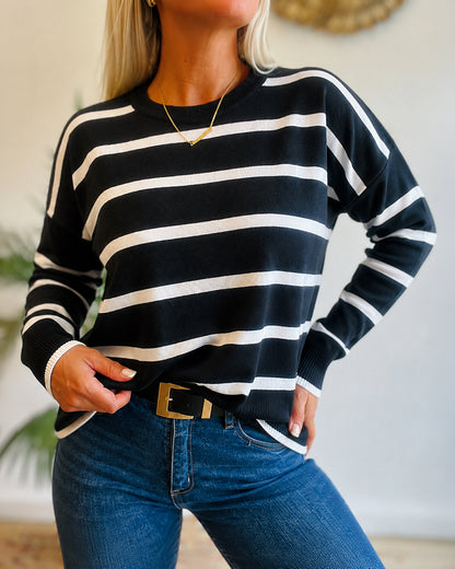Women's Striped Drop Shoulder Sweater Casual Crewneck Long Sleeve Pullover