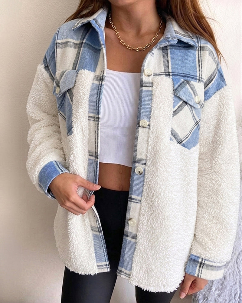 Women's Plaid Patchwork Fleece Shacket Casual Long Sleeve Button Down Faux Shearling Jacket