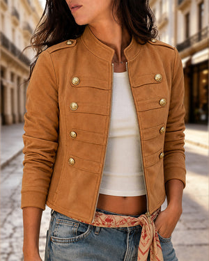 Chaqueta bomber corta de ante para mujer, con cuello alto, doble botonadura y botones dorados, estilo informal