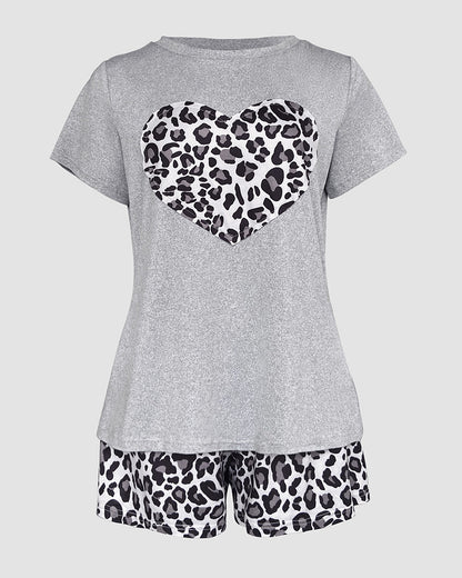 Leopard Heart Print Short Sleeve Pajamas Set