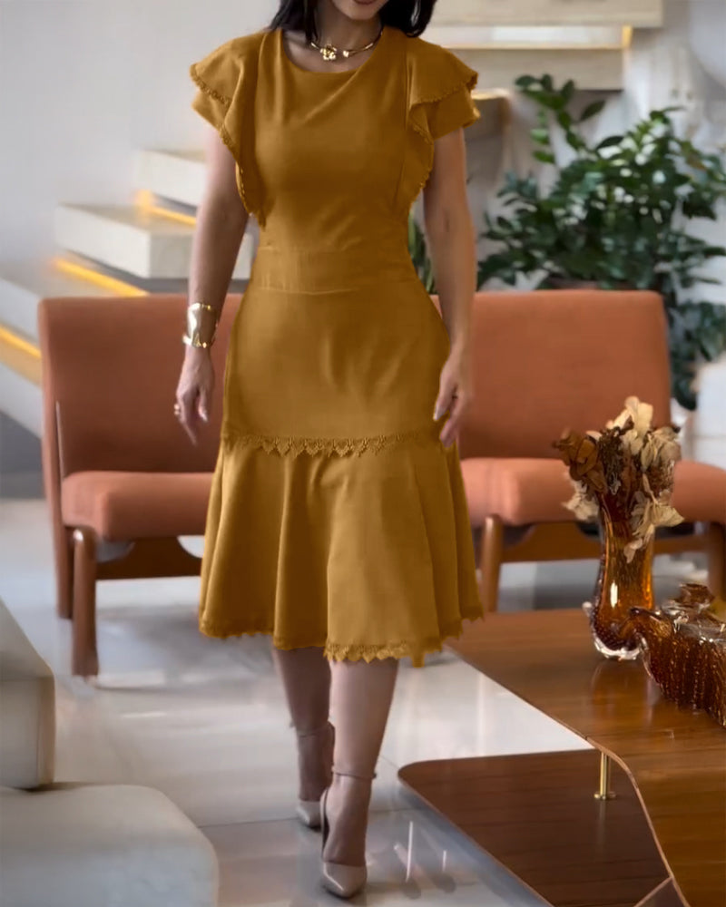 Butterfly Sleeve Hollow-out Back Shirred Work Dress Casual Cinched Waist Lace Trim Ruffle Hem Dress