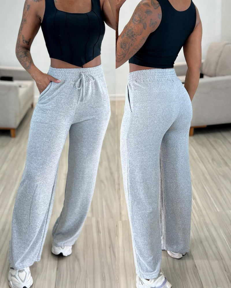 High Waist Drawstring Elastic Waist Wide Leg Casual Pants