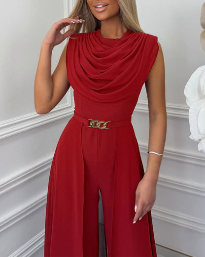 Women's Cowl Neck Wide Leg Jumpsuit High Waist Sleeveless Chiffon Overlay Spliced Evening Overalls with Belt