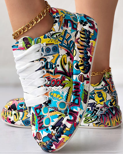 Cartoon Print Lace-up Casual Sneakers