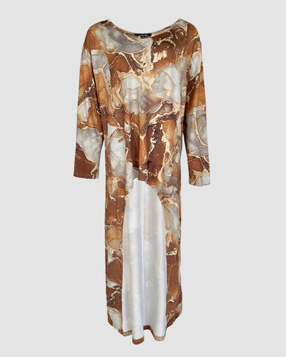 CHICME Women's Marble Print Long Sleeve Blouse Loose Fit High-Low Hem Tunic Top