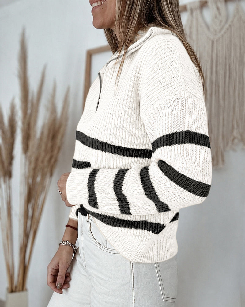 Women's Half Zip Striped Sweater Colorblock Turn-down Collar Knit Pullover Drop Shoulder Loose Fit Top