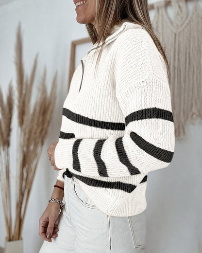Women's Half Zip Striped Sweater Colorblock Turn-down Collar Knit Pullover Drop Shoulder Loose Fit Top