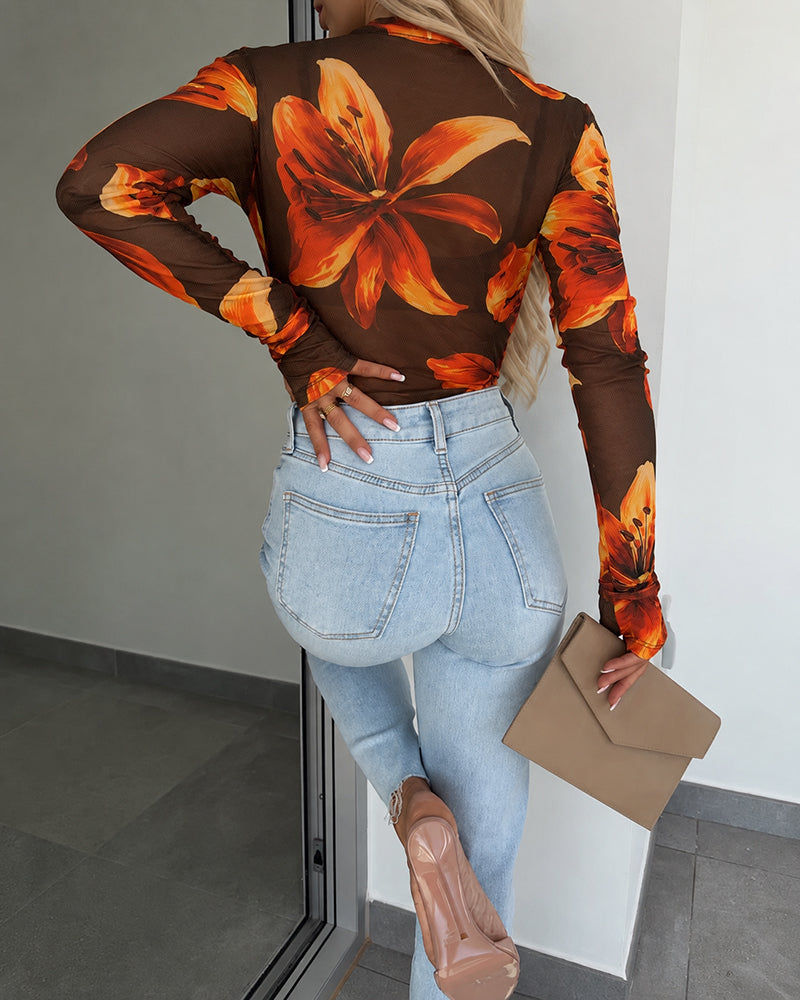 Women's Vintage Floral Print Sheer Mesh Long Sleeve Top Crewneck Tee with Thumb Holes