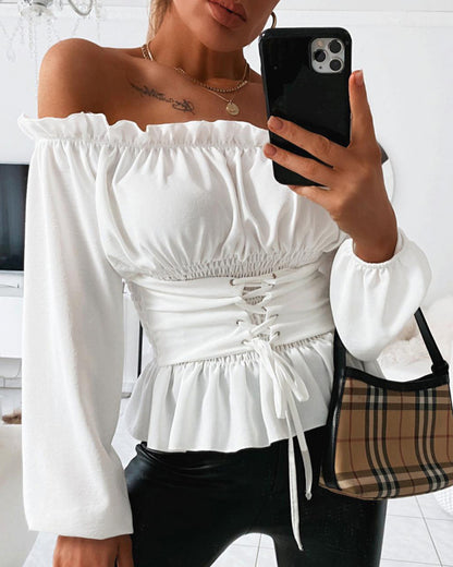 Off Shoulder Lace Up Front Casual Blouse