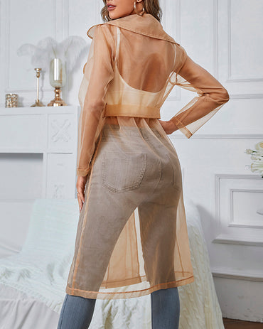 Notched Collar Long Sleeve Double Breasted Sheer Mesh Jacket Casual Longline Trench Coat with Belt