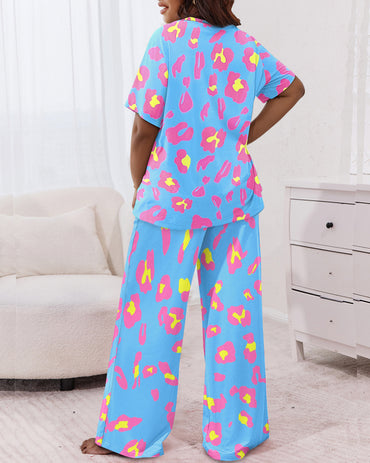 Pink Leopard Print Wide Leg Pajamas Set