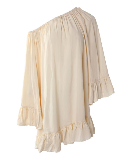 Women's Ruffle Loose Dress Elastic Convertible Shoulder Flare Sleeve Boho Mini Dress