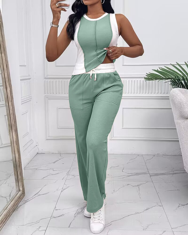 2 Pieces Outfit O-neck Slim Fit Tank Top and Drawstring Elastic Waist Straight Leg Pants Set Casual Colorblock Ribbed Set