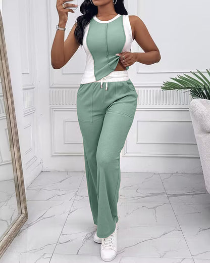 2 Pieces Outfit O-neck Slim Fit Tank Top and Drawstring Elastic Waist Straight Leg Pants Set Casual Colorblock Ribbed Set