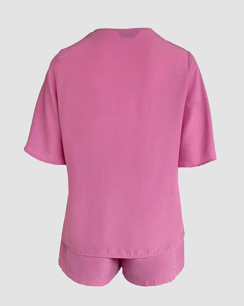 2 Pieces V Neck Button Decor Bell Sleeve Top and Casual Drawstring Stechy Waist Shorts Set