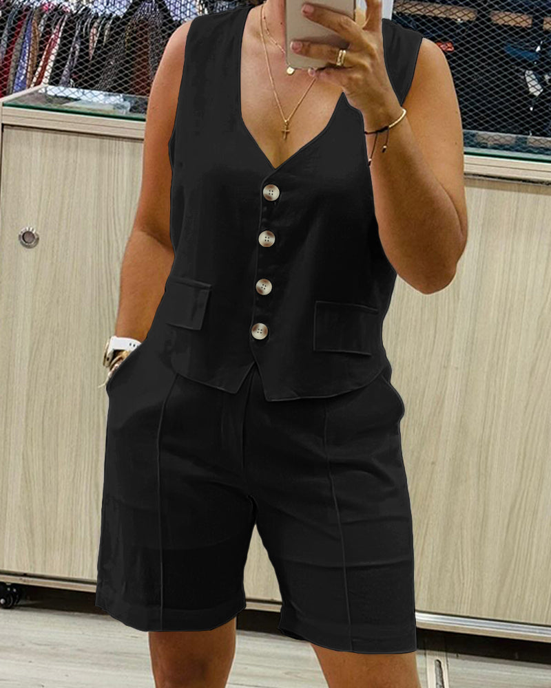 2 Pieces Outfit V Neck Button Front Flap Detail Vest Top and Casual Pockets Design Zipper Fly Elastic Back Waist Shorts Set