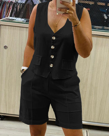 2 Pieces Outfit V Neck Button Front Flap Detail Vest Top and Casual Pockets Design Zipper Fly Elastic Back Waist Shorts Set