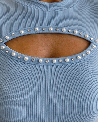 Women's Pearl Rhinestone Hollow-out Long Sleeve Ribbed Fitted Top