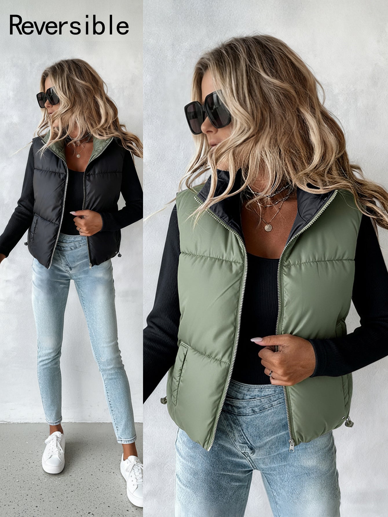 Stand Collar Sleeveless Zip Up Drawstring Hem Vest Casual Two-Way Reversible Ladies Warm Winter Padded Coat